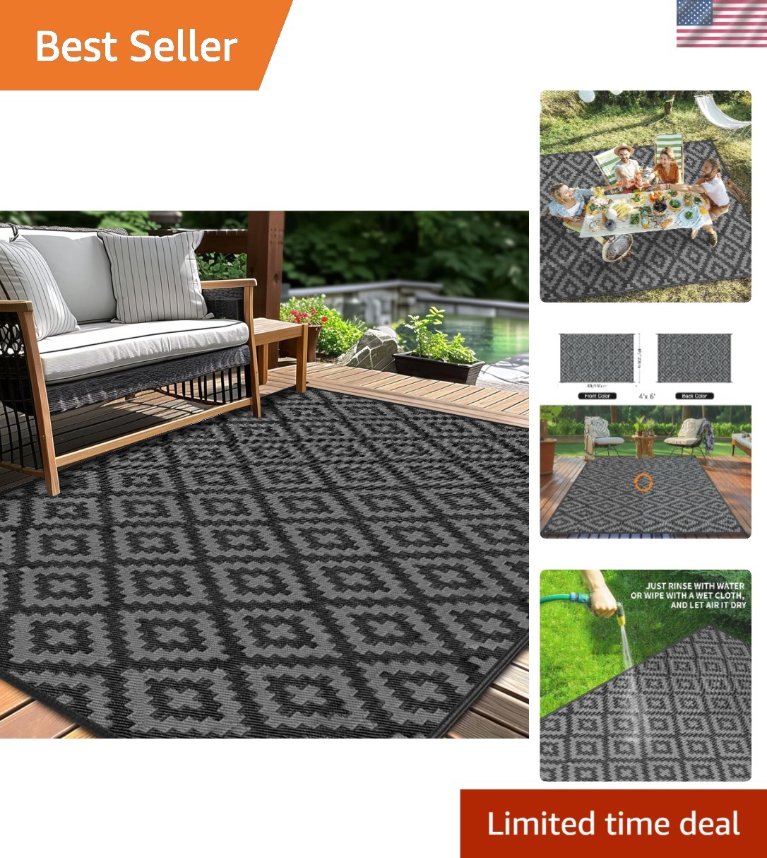 Geometric Design Patio Rug, 4×6 ft Black Grey – Quick Dry and Fade Resistant