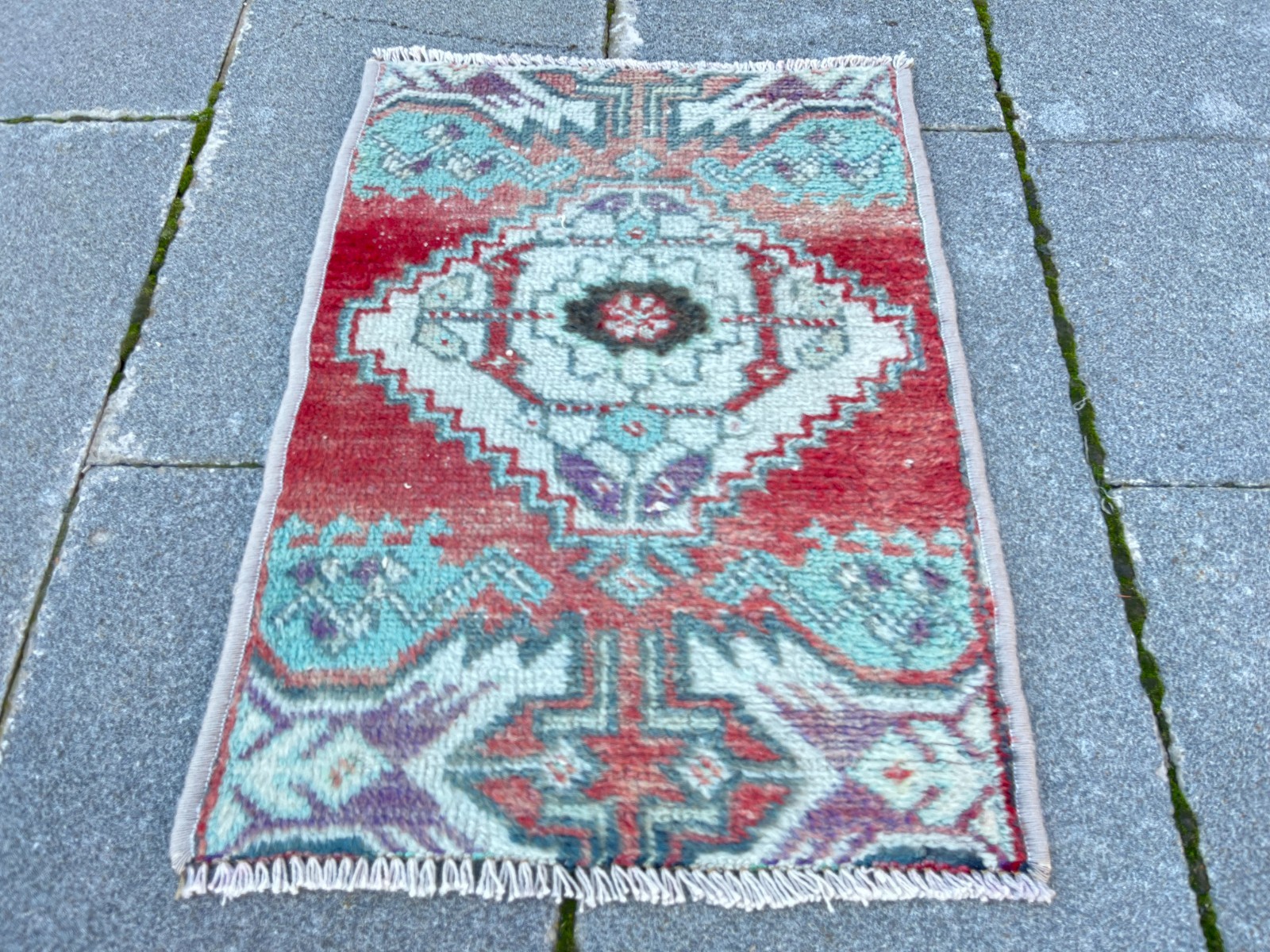 Vintage Turkish Small Rug 1.4×2 Ft Red Tribal Anatolian Boho Accent