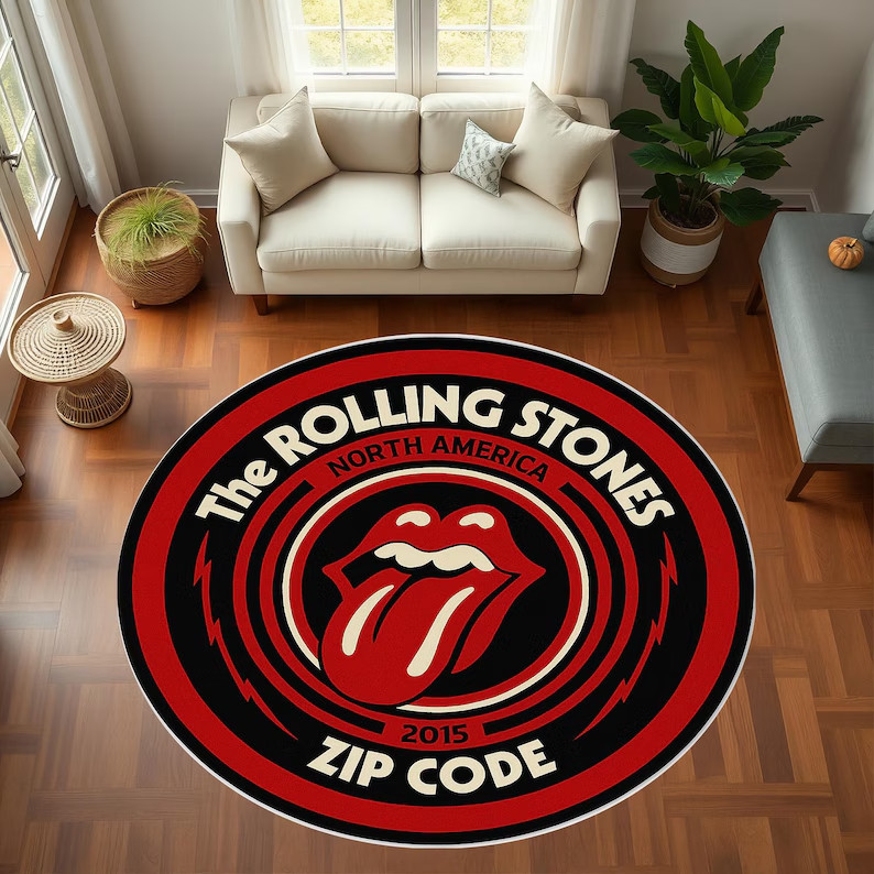 The Rollin Stone Rock Style Round Rug 3D Printed Music Theme Carpet, Red Black