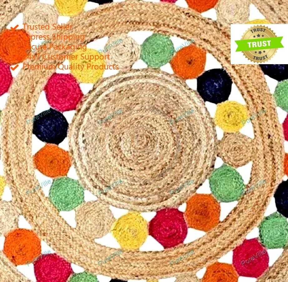 4 x 4 Feet Indian Handmade Jute Area Rugs Hand Woven Boho Carpet
