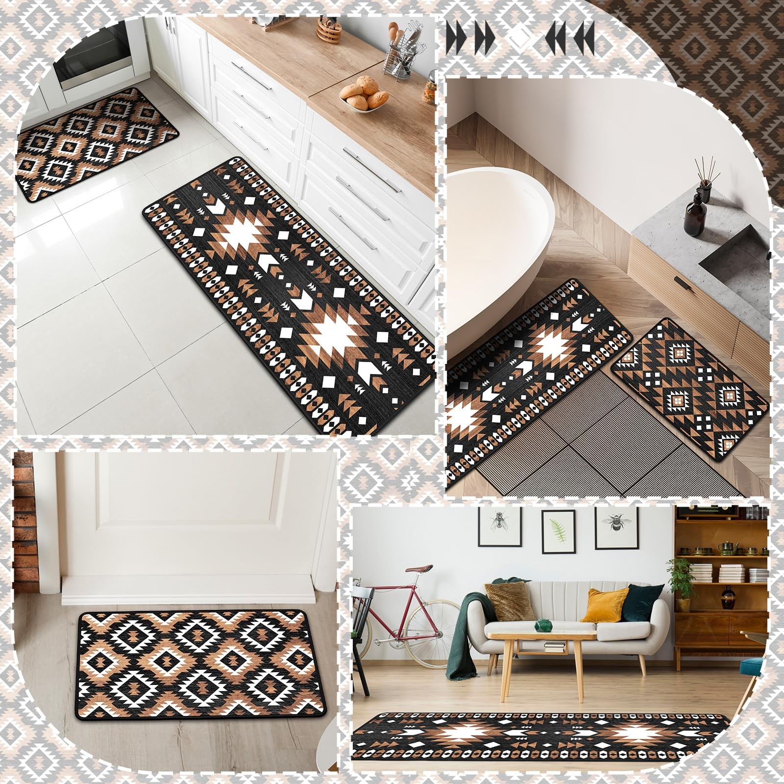 3 Pcs Aztec Western Kitchen Rugs and Mats Set Boho Farmhouse Non Slip Rug Geo…