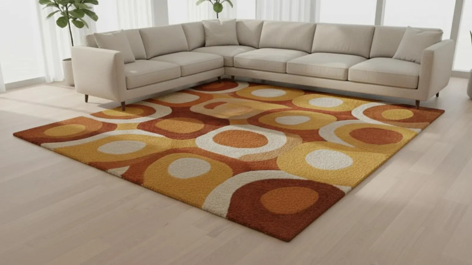 Modern Area Rug, Retro Geometric Circle Rug, Mustard Yellow Burnt Orange