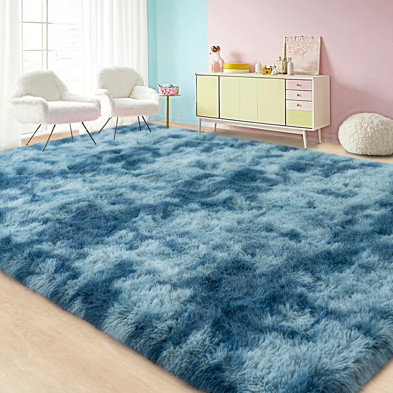 Lairep Large Area Rugs For Living Room Bedroom 5X7 Feet Tie-Dyed Dark Blue