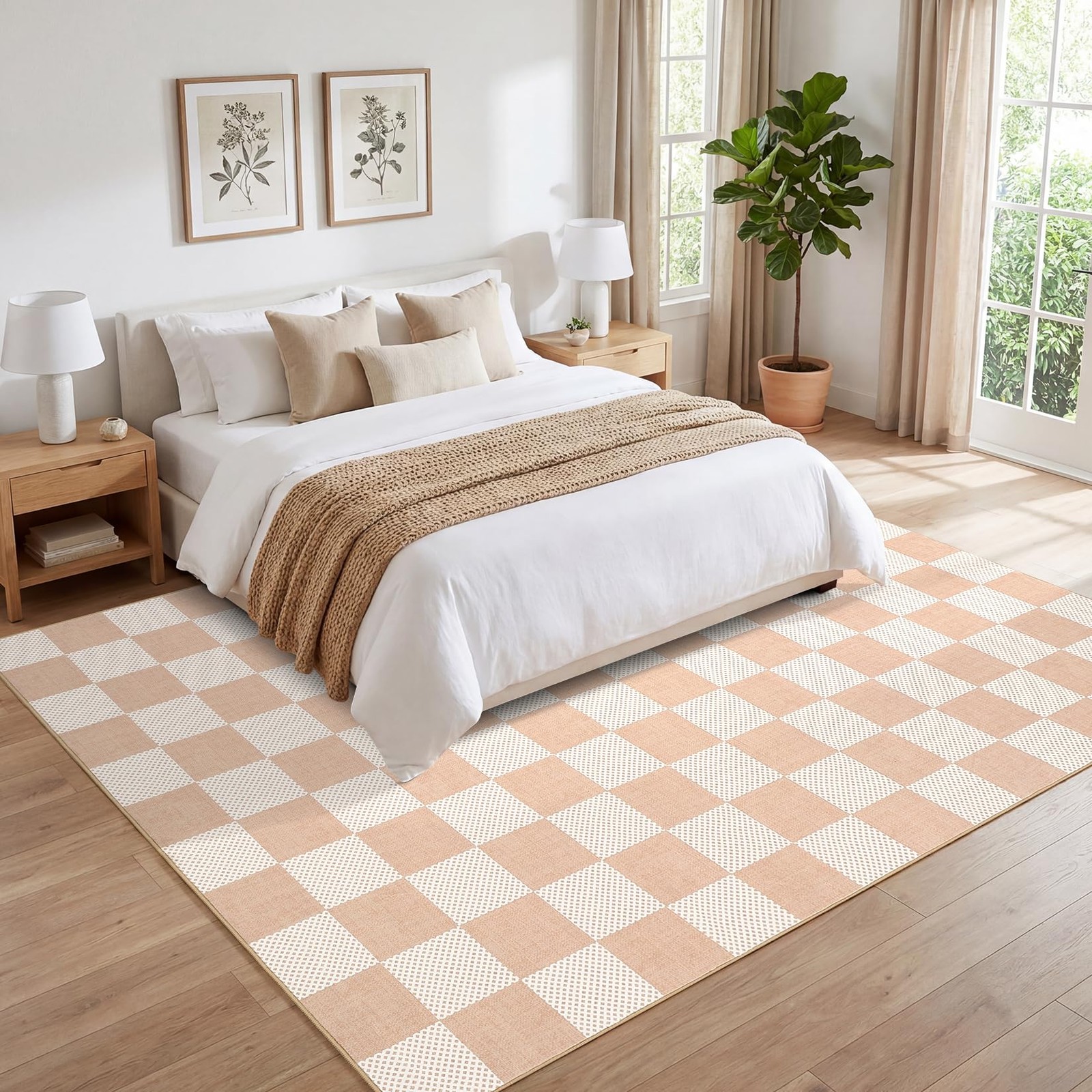 Checkered Blush Beige 8×10 Washable Rug Low-Pile Bedroom Nursery