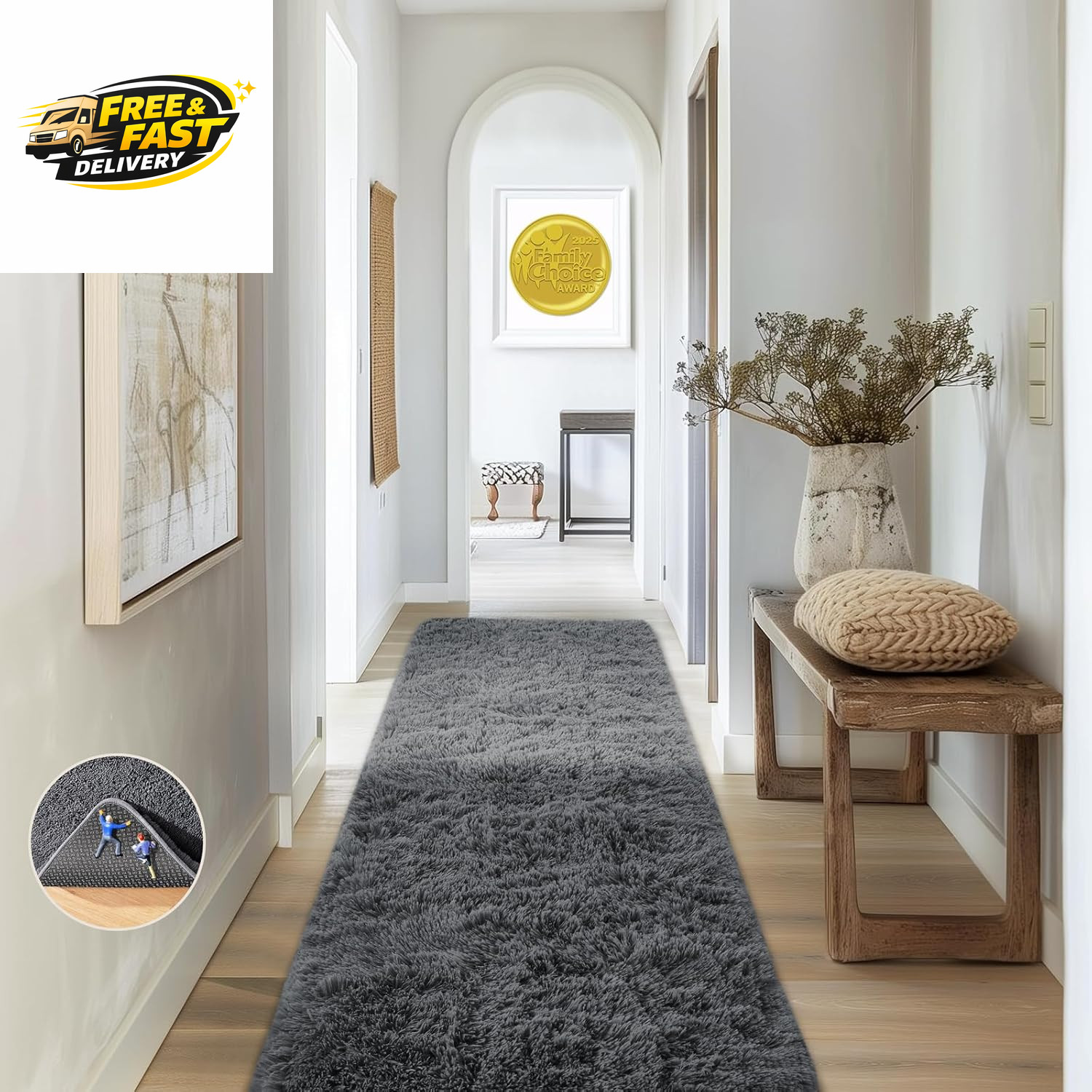 Runner Rug for Hallway, 2X6 Upgrade Non-Slip Fluffy Soft Bedside Rugs, Bedroom