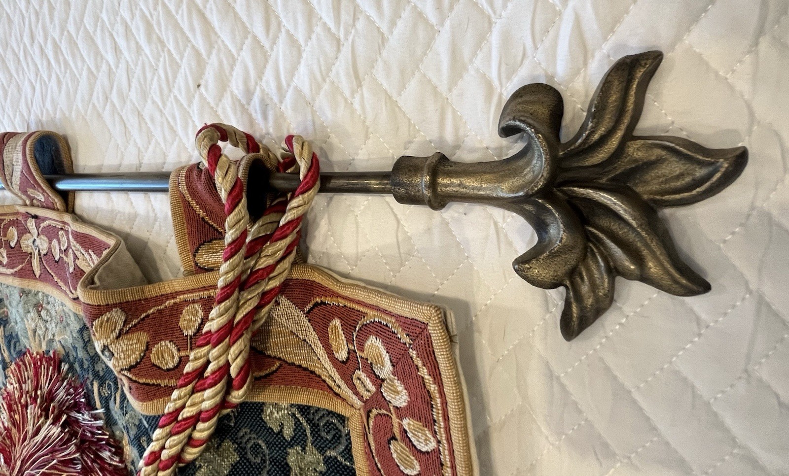 Vintage French Tapestry Stunning Tapestry w/Hanging Rod & Tassels 52”x34”