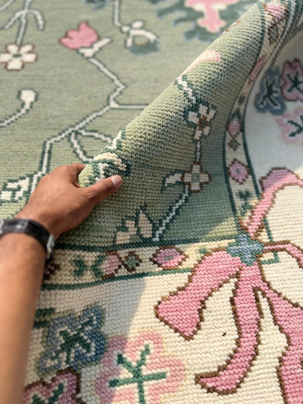 Hand Knotted Sage Green Oushak Rug Vintage Floral Wool Area Rug Custom Handmade