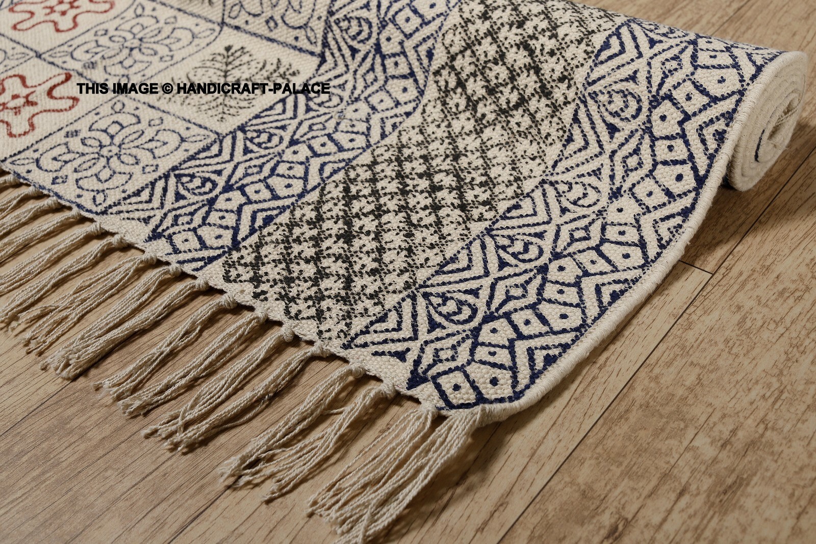 Large Block Print Rug Hand Loomed Mud Cloth Rug Carpet Handmade Cotton Area Rug