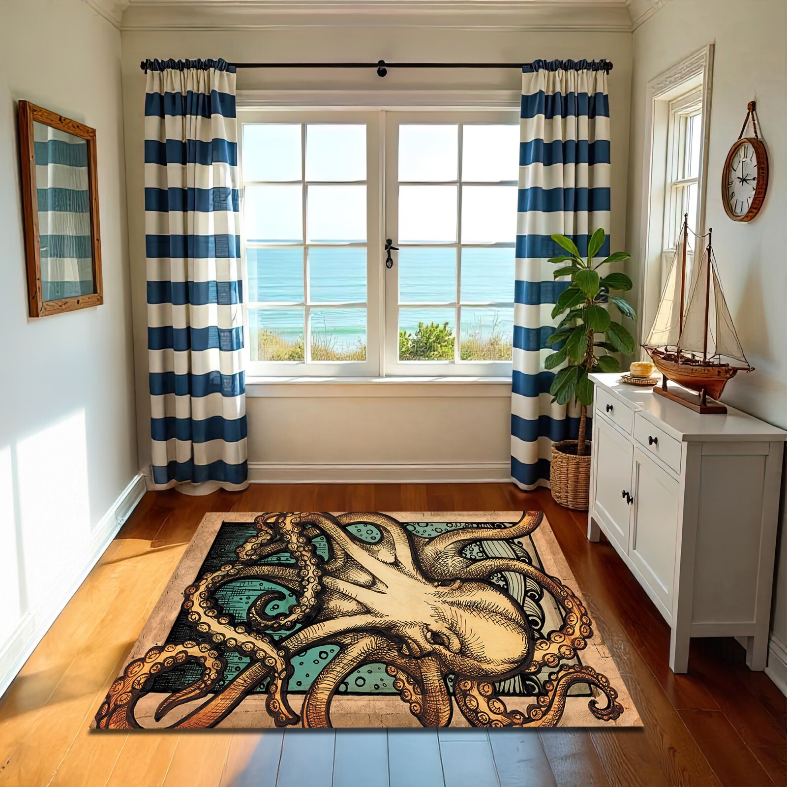 Octopus Print Rug Nautical Ocean Theme Carpet Sea Life Decor Coastal Area Mat