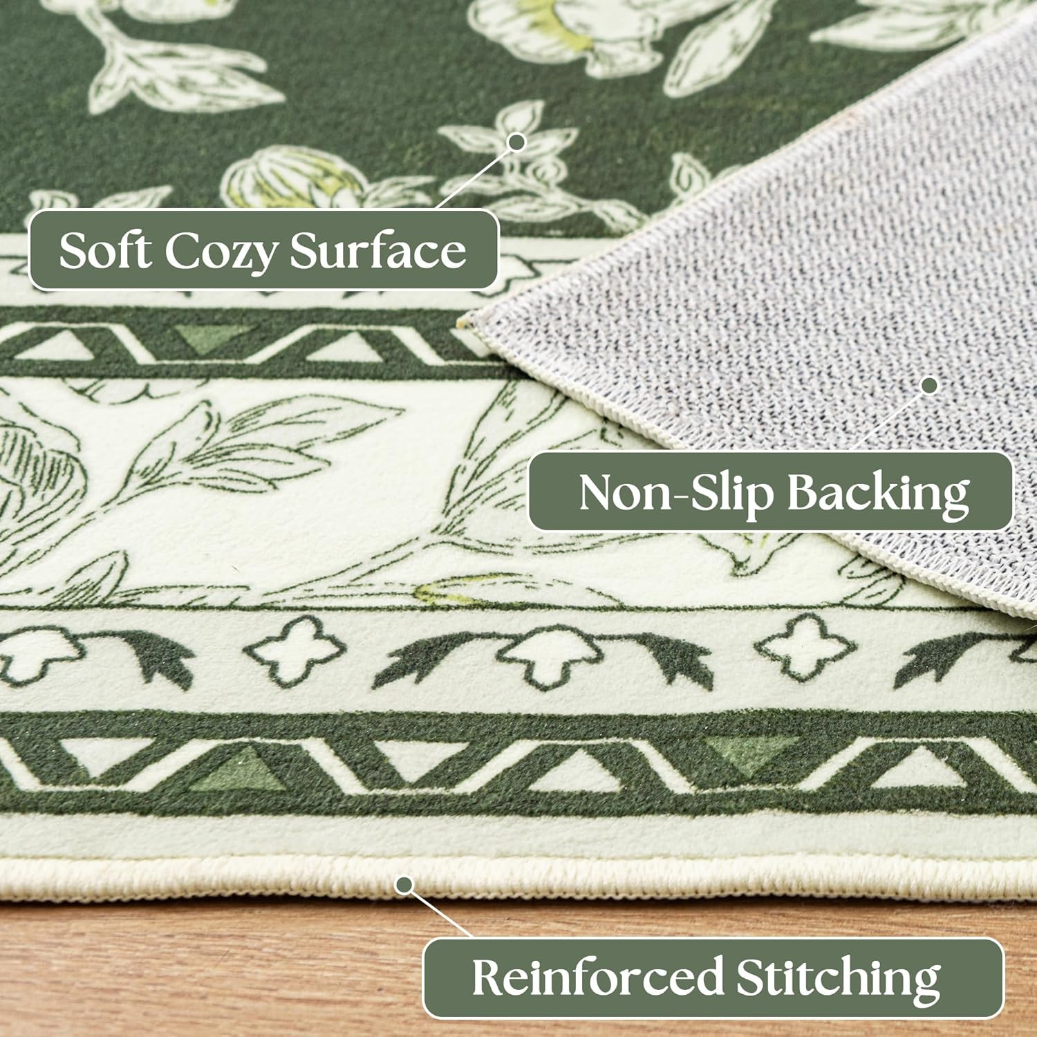Olive Green Floral Print Area Rugs for Bedroom Living Room Boho Farmhouse Countr