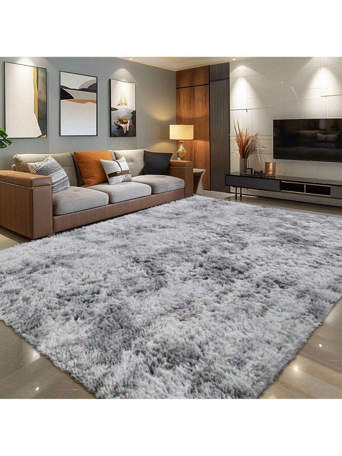Tie Dye-Light Grey Shag Area Rug 4x6ft 5x7ft 6x9ft 8x10ft 9x12ft Plush Modern