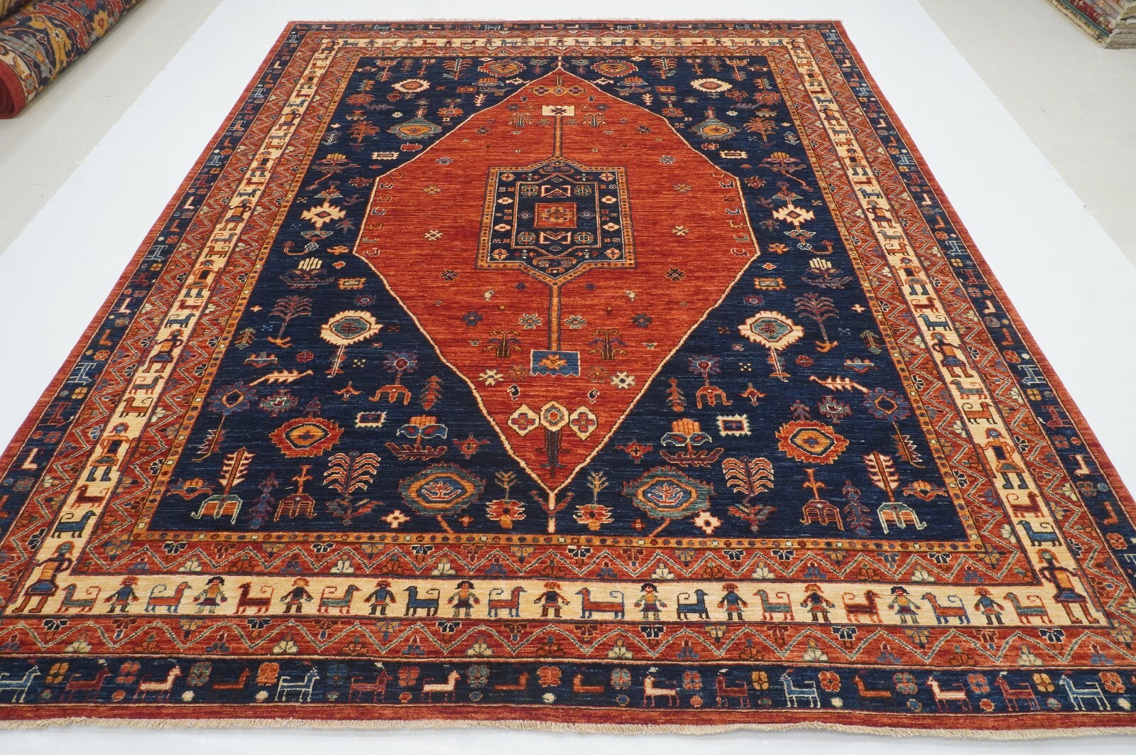 8 x 10 ft Red Navy Blue Qashqai Afghan Hand Knotted Wool Tribal Medallion Rug