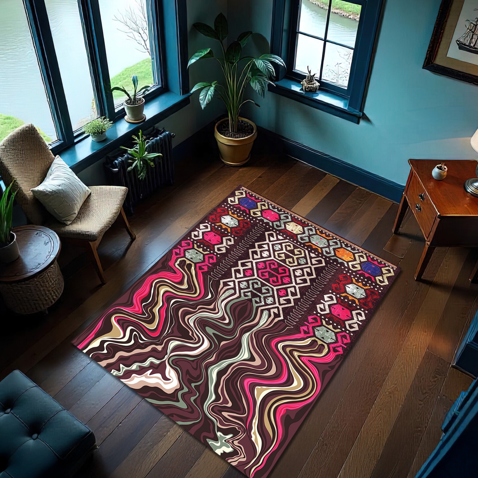 Burgundy Tribal and Melting Rug Boho Liquid Print Carpet Decorative Mat