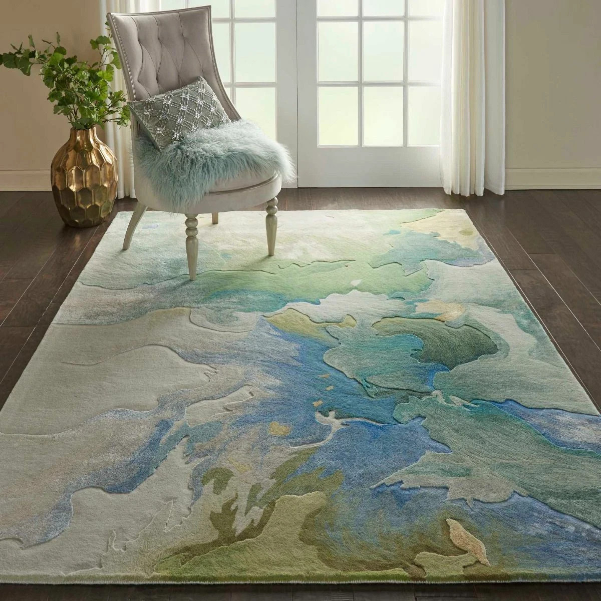 Designer Contemporary Prismatic Seafoam Hand-Tufted Wool Rug