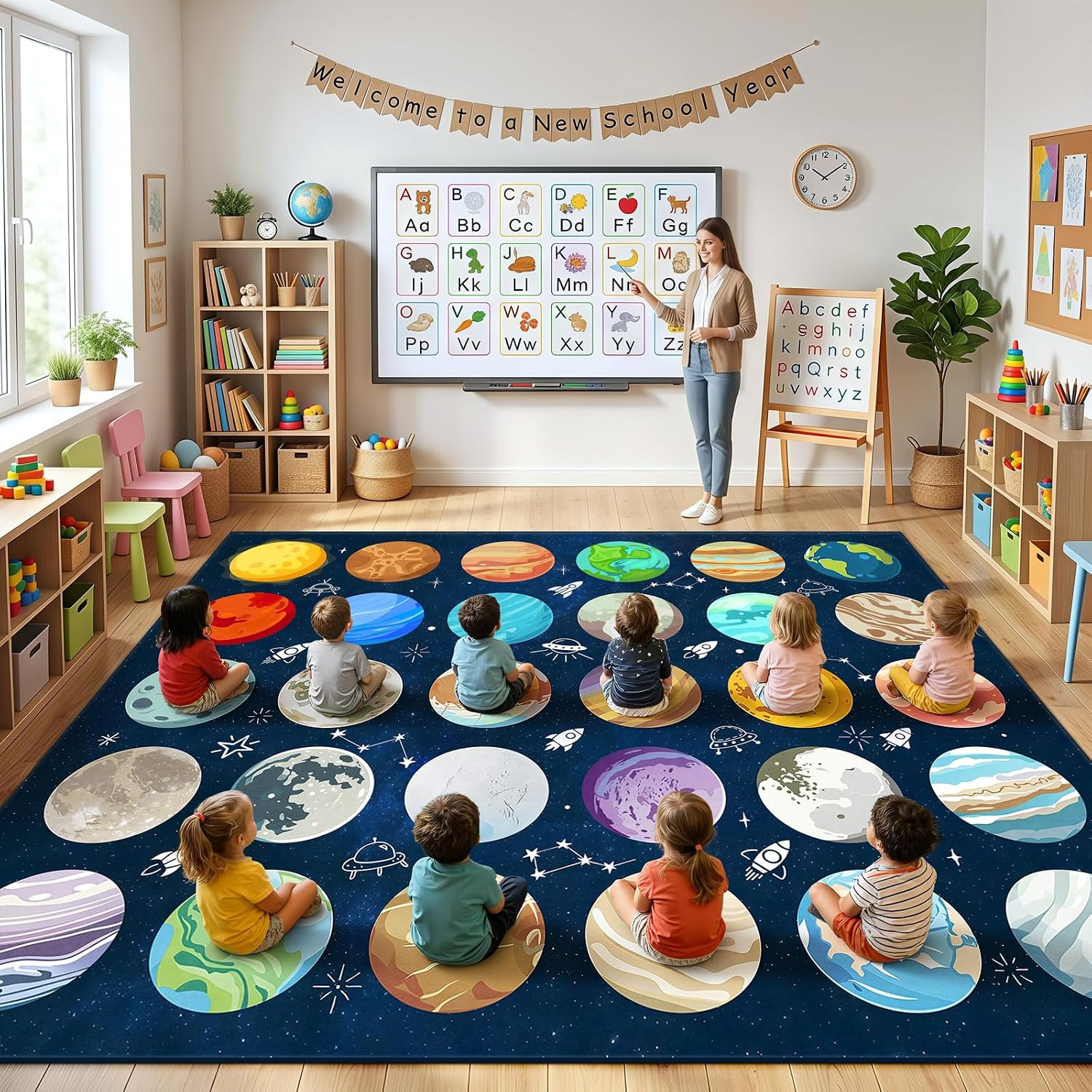 30 Seats Classroom Rugs for Elementary Preschool 10X12 Planet Blue | 30 Sit Spot