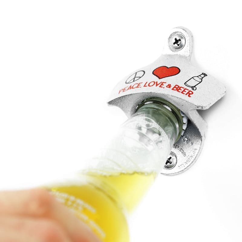 Wall Mounted Bottle Openers with Optional Cap Catcher: Theme Peace Love & Beer