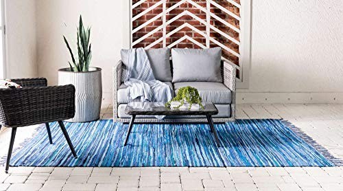 Soft Hand Woven Natural Fiber Striped Area Rug, 9×12 ft, Navy Blue/Ivory, Cotton