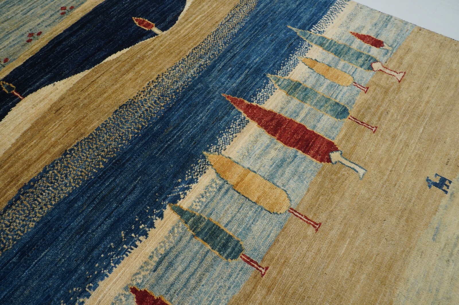 9 x 12 ft Navy Blue Beige Landscape Gabbeh Tribal Afghan Hand Knotted Area Rug