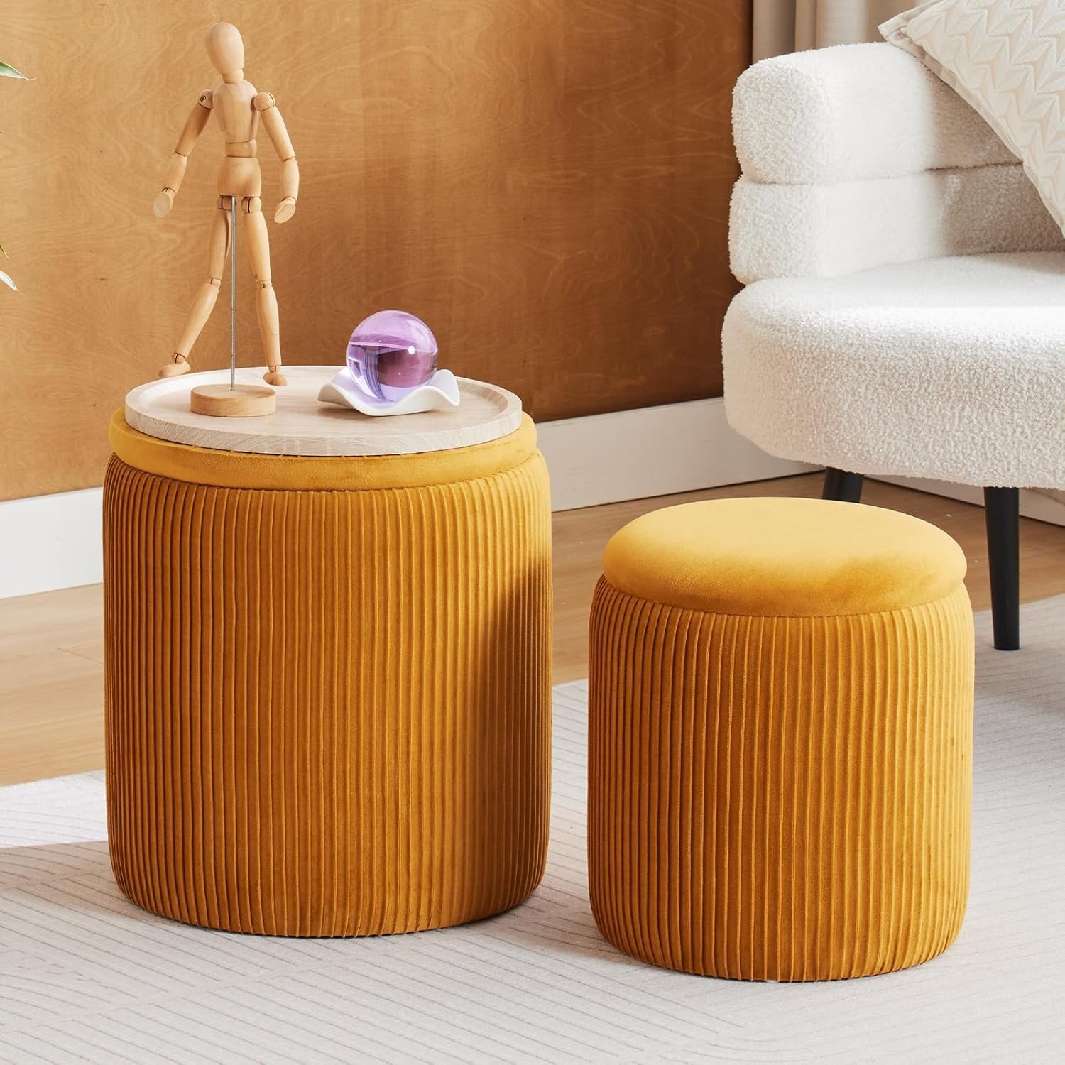 Round Ottoman with Storage Set of 2-Upholstered Velvet Vanity Stool for Makeup