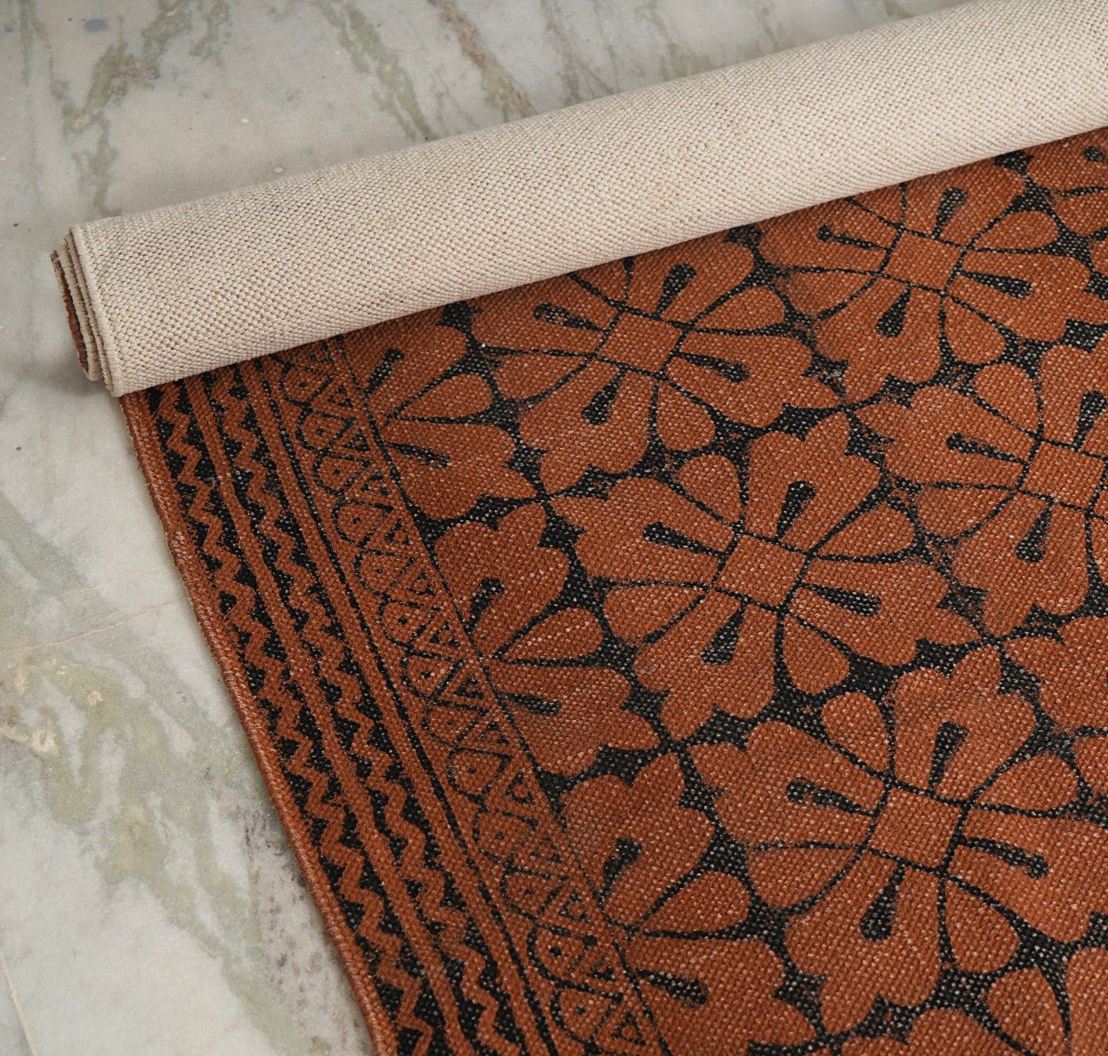 Dark Brown & Black Handmade Floral Design Rugs India Hand Block Printed Rugs