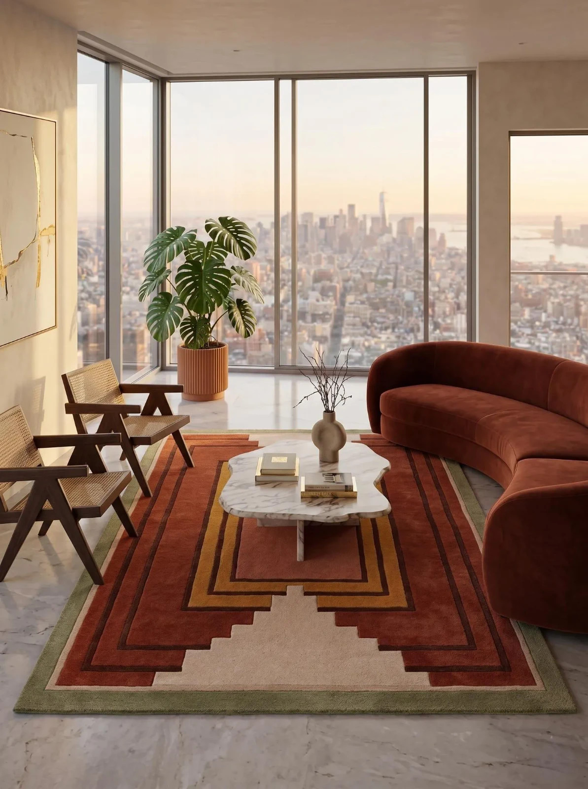 Hand Tufted Wool Rug, Modern Geometric Area Terracotta Rust Olive Green Carpet