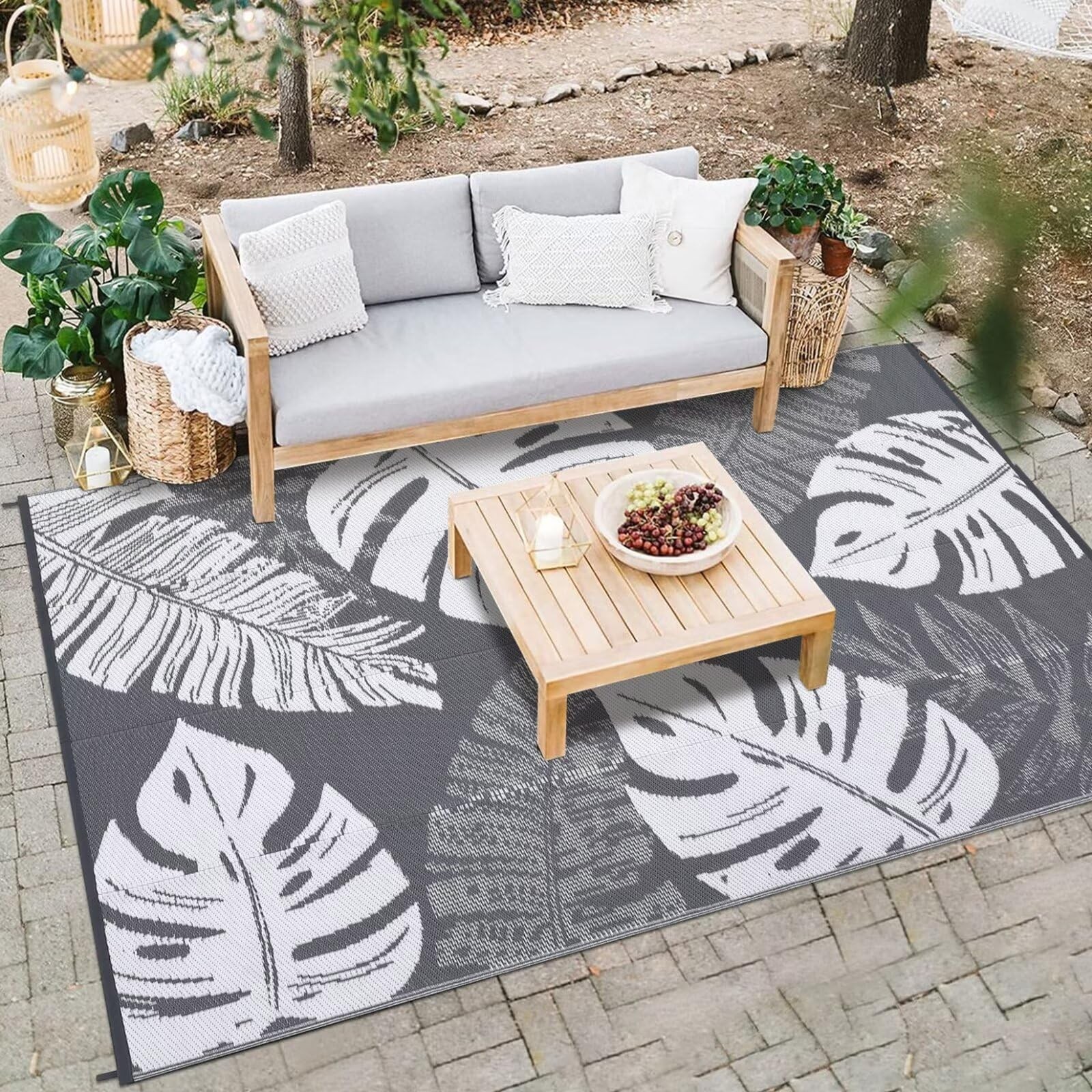 Outdoor Rug Plastic Straw Waterproof Patio Reversible Mat Leaf Outside Carpet