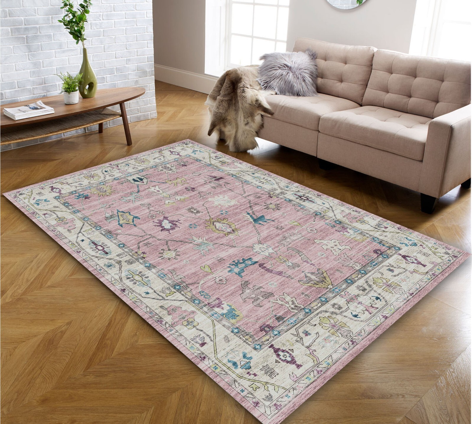 Pink Area Rug – Modern Living Room Rug- Turkish Carpet – Anti Slip Pet Friendly