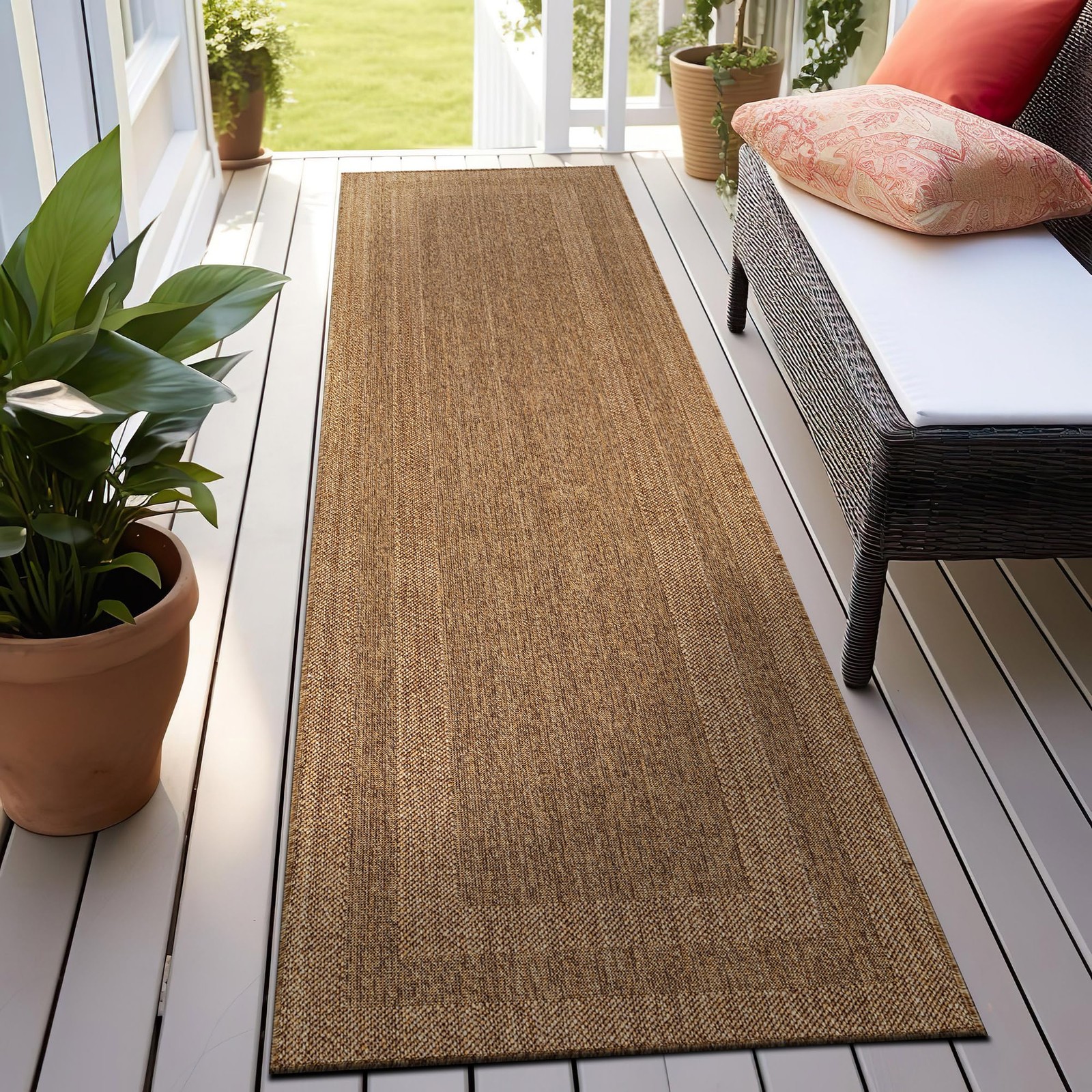 Geometric Border Indoor Outdoor Flat Woven Runner Rug,Natural Jute-Style,Easy…