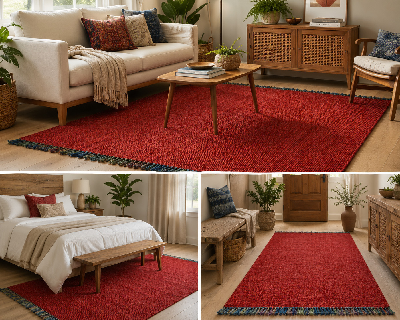 Hand Woven Jute Natural Red Rug Home Decor Carpet Boho Rug Modern Area Rug Mat