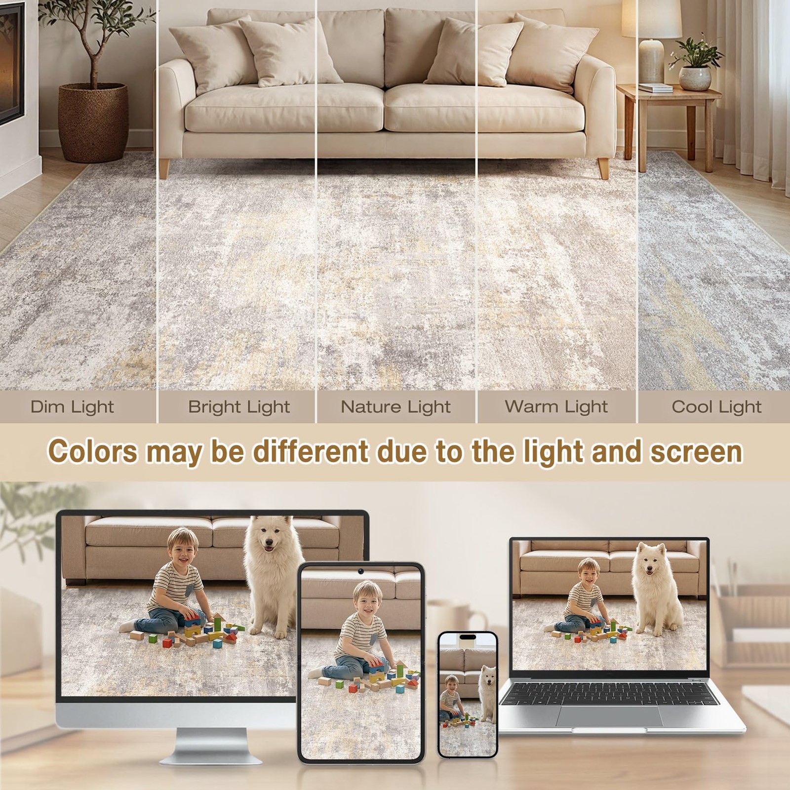 cotiled 5×7 Area Rugs for Living Room – Washable Neutral Abstract Carpet Non …