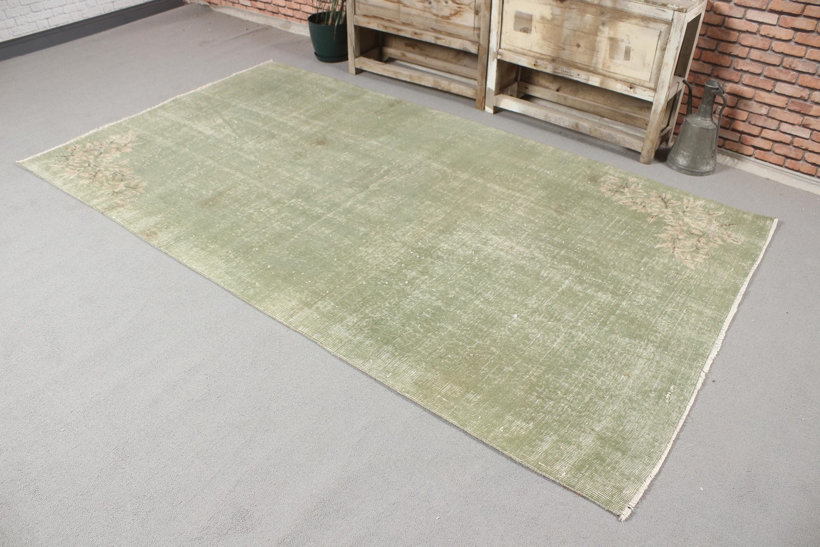Turkish Vintage Rug 4,8×8,6 ft, Green Moroccan Rug