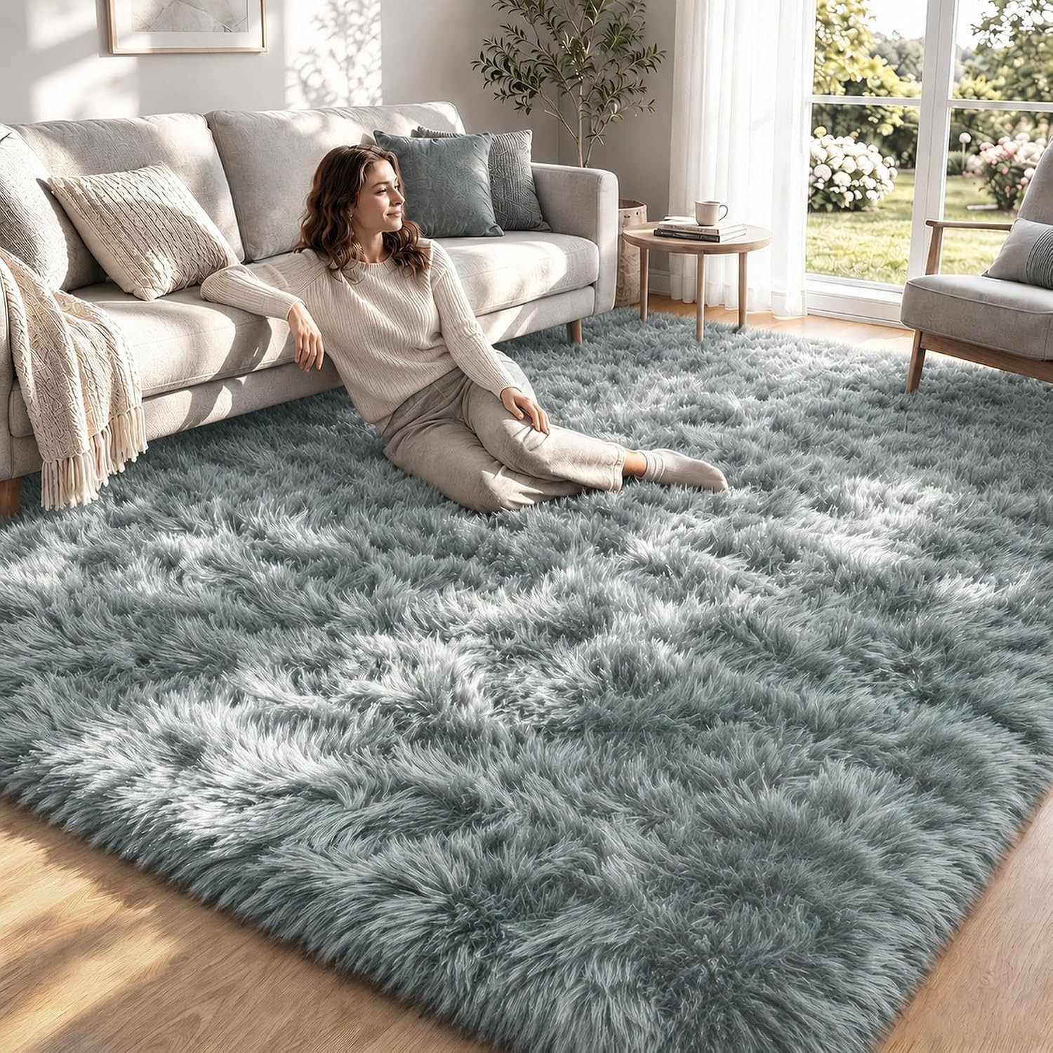 8×10 Grey Shag Area Rug Soft Plush Carpet Non Slip Living Room Bedroom etc…