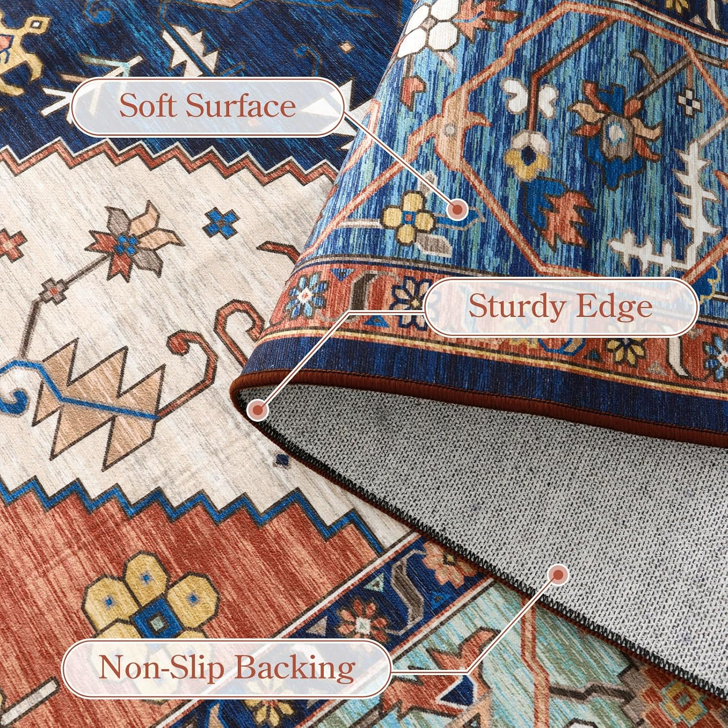Oriental Washable Rug 6X9, Non-Slip Ultra-Thin Living Room Area Rug, Stain Resis