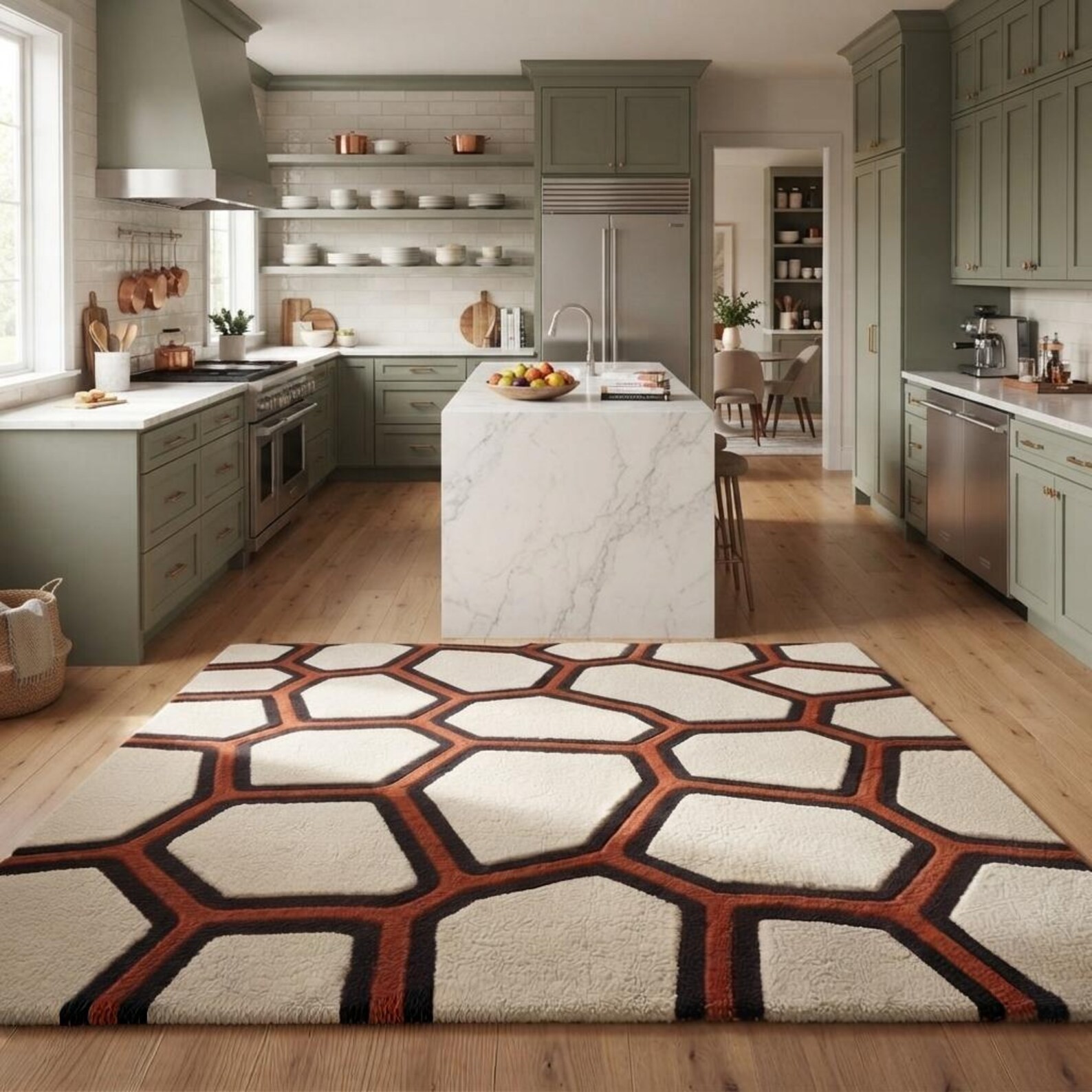 Hand Tufted Wool Area Rug Ivory Rust Black Carpet Honeycomb Rug Living Room