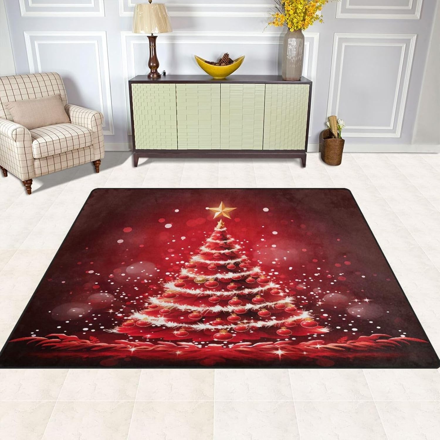 Red Christmas Rug, Poinsettia Rug, Christmas Decorations Rug, 4′ x 5’3″ NEW