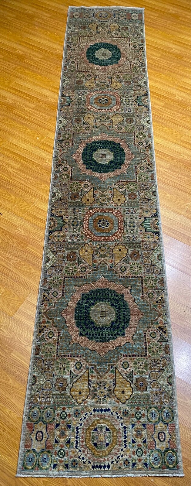 3 X 13 Ft Gray Green Mamluk Runner Rug