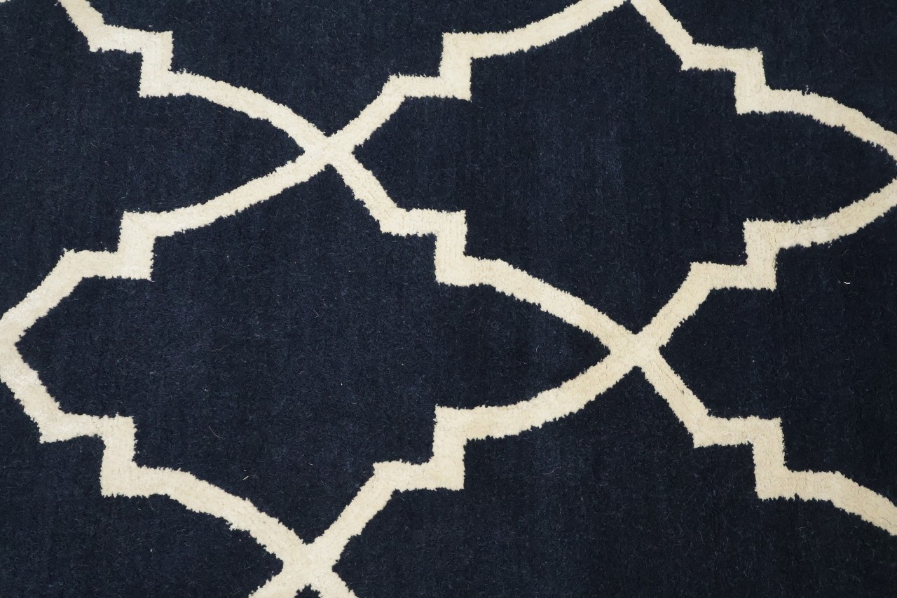 Modern Blue Area Rug 5×8 Bold White Geometric Lines Hand-Tufted Wool & Silk
