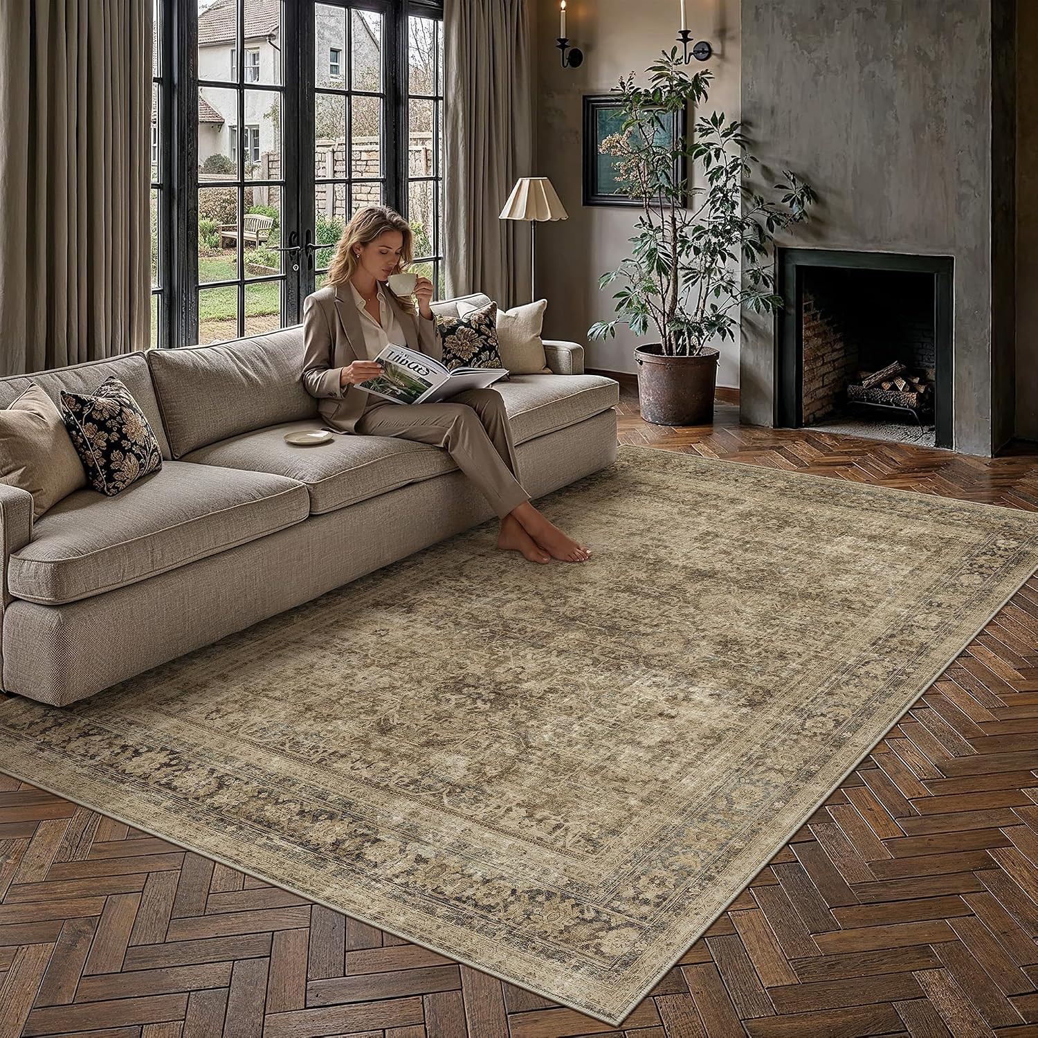 Vintage Brown 8X10 Area Rug – Washable, Non-Slip, Soft Low Pile Indoor Carpet