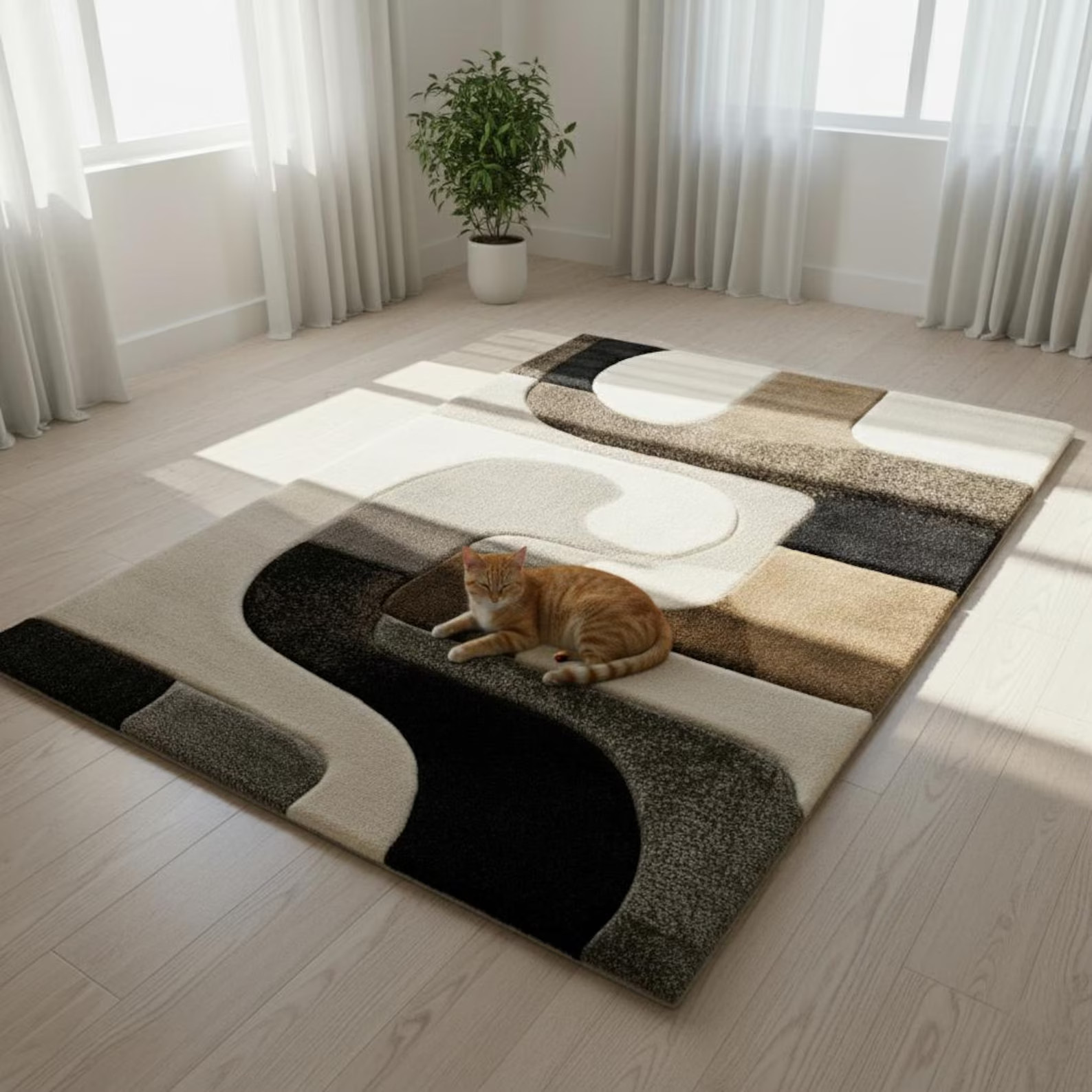 Hand Tufted Wool Rug: Abstract Geometric Ivory & Black Area For Living Room Rugs