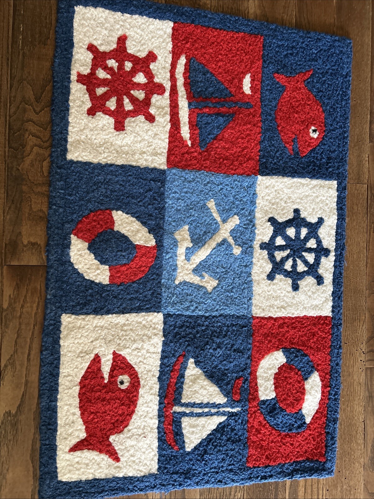 Nautical Rug Fish Jellybean Rug 33X 21 Inch Area Accent Washable Red& Blue