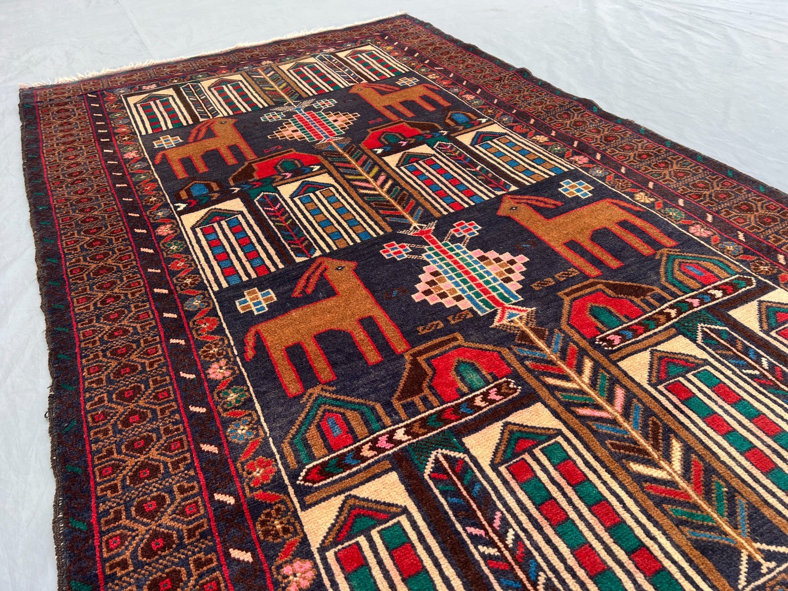 3×6 Rare Baluchi Pictorial Rug Afghan Wool Carpet Animal Village Folk Art Decor