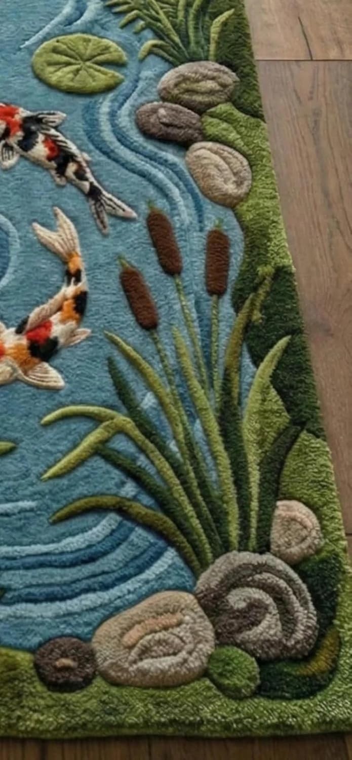 Hand Tufted Koi Pond Wool Runner Rug Nature Hallway Decor Water Garden Japanese