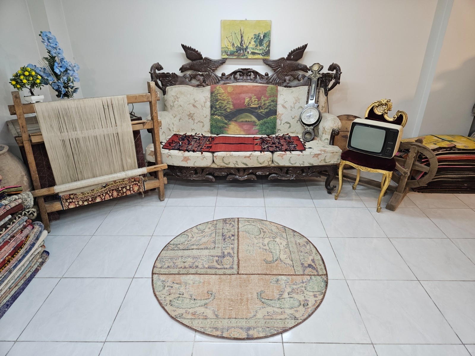 3.8 x 3.8 ft Vintage Round Turkish Rug, Handmade Patchwork Area Rug, Beige Rug
