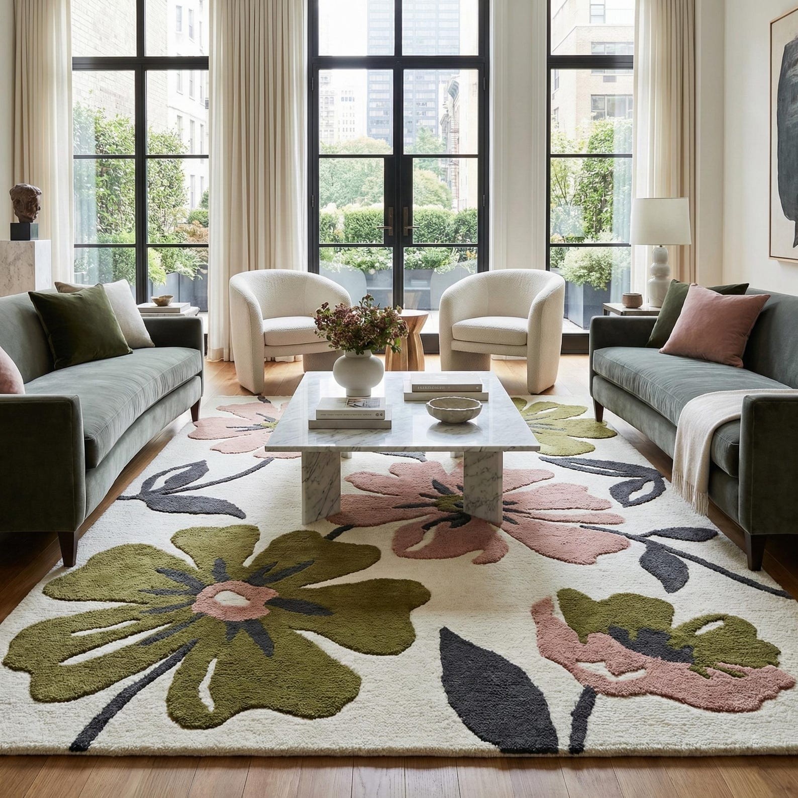 Retro Modern Floral Wool Rug – Olive & Blush Pink – 3D Textured Tufted Area Rug