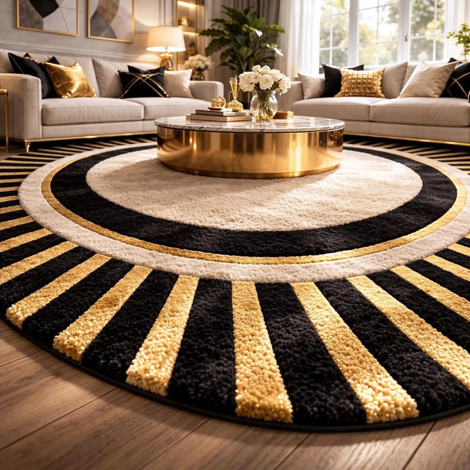 Black gold round rug hand tufted wool art deco rug modern geometric sunburst rug