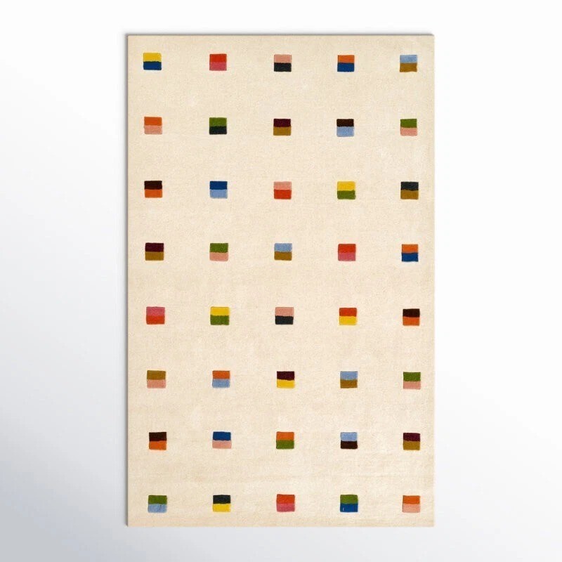 Hand Tufted Wool Area Rug 5×8 Ivory Cream with Multicolor Square Dots Modern