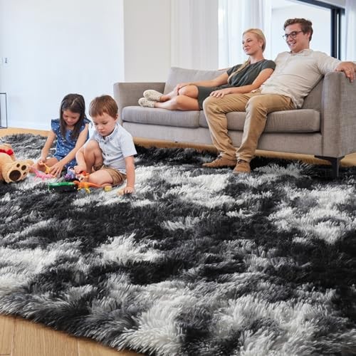 9×12 Area Rugs Living Room, 9′ x 12′ (Rectangular) Tie Dyed-black White Grey