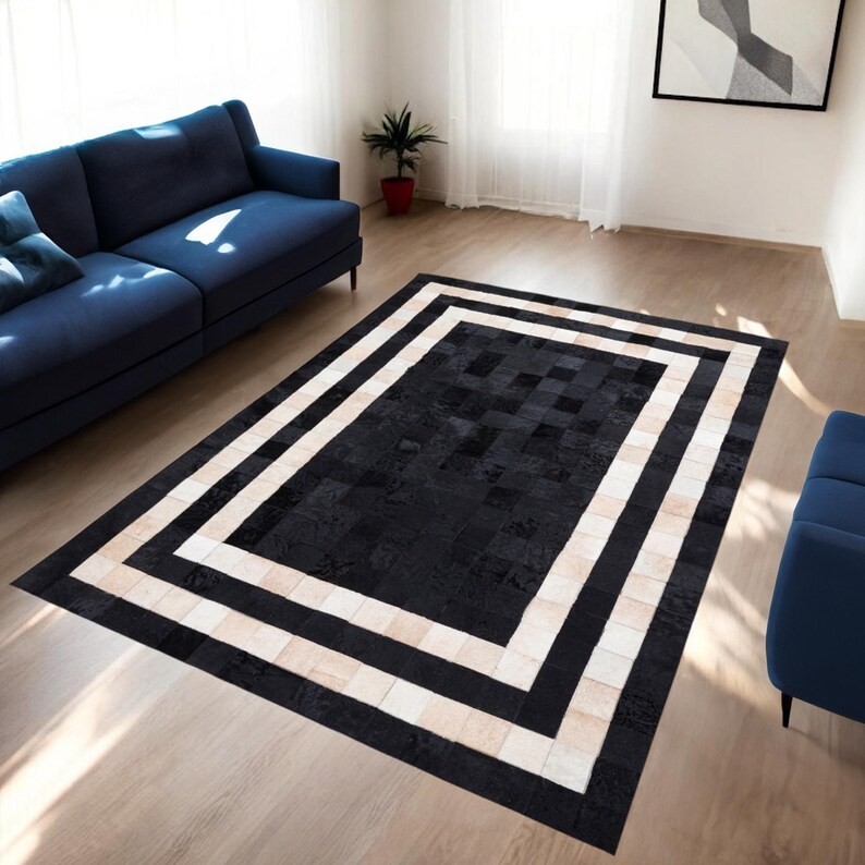 Modern Black & White Bordered Area Rug Carpet – Geometric Living Room Home Decor