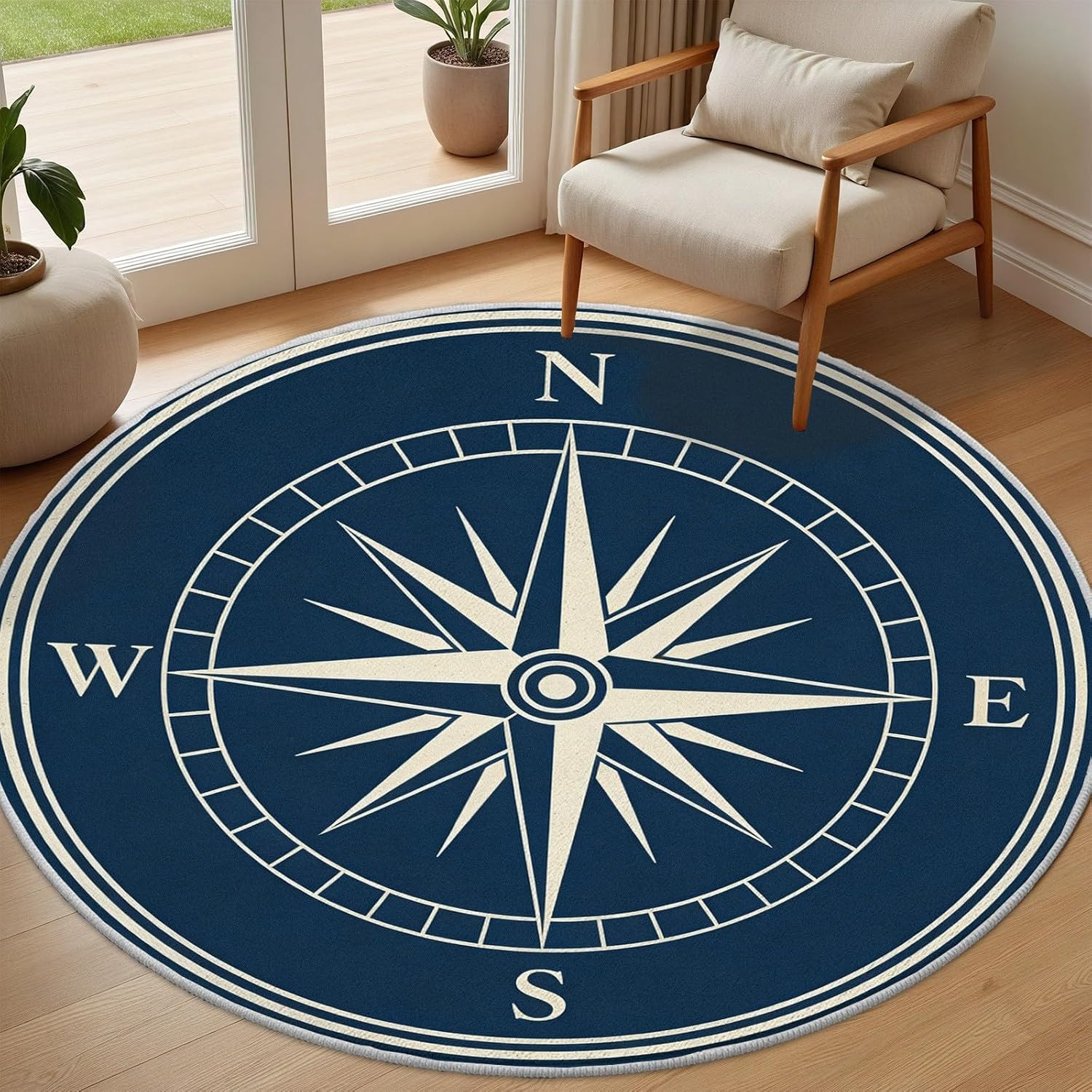 Nautical Compass Round Rug 4Ft – Washable Non-Slip Carpet for Any Room