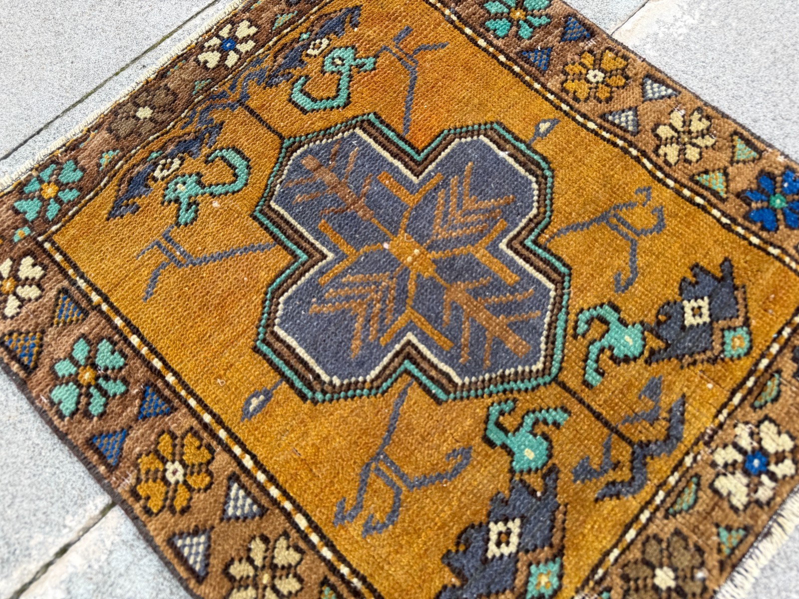 Vintage Oushak Rug 1.8×2 ft Mustard Yellow Turkish Boho Small Accent Rug